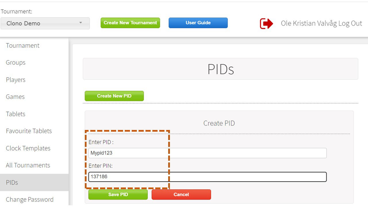 Admin panel PID section