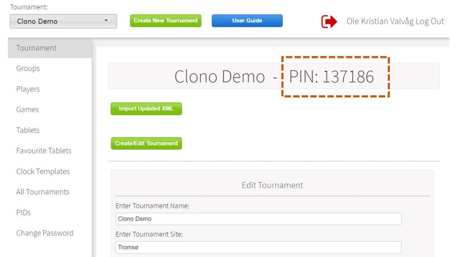 Admin panel tournament section